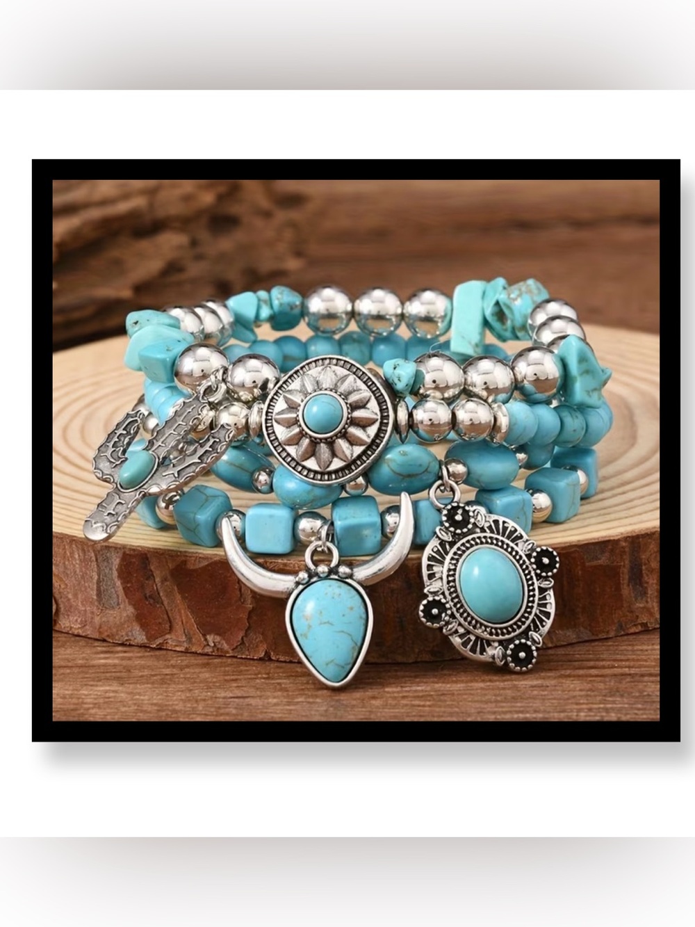 🆕 Turquoise Beaded Multi-Layer Bracelet Set - Boho Silver Accents